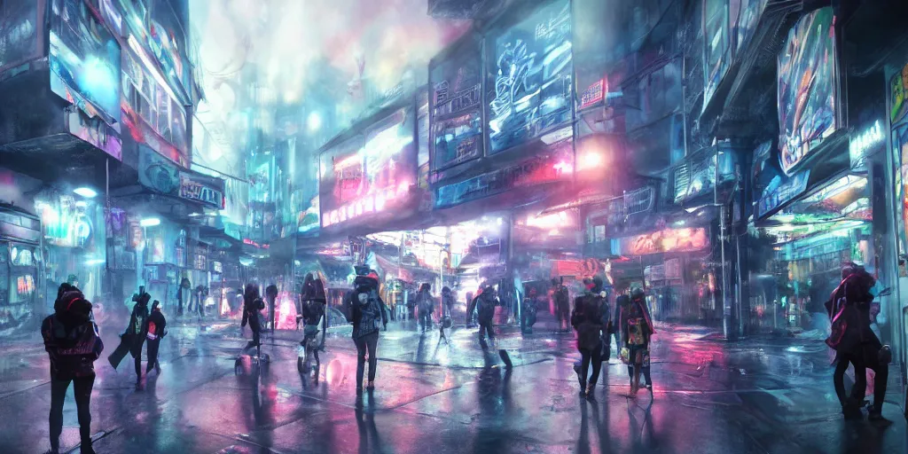 Image similar to teenagers with tech clothing and hoods and futuristic gas masks painting giant graffitis on the walls of a dystopian city, neon lights, sci - fi, night lights, rain and haze, concept art, intricate, photorealistic, in the style of katsuhiro otomo, akira, octane render, rtx, hdr, unreal engine