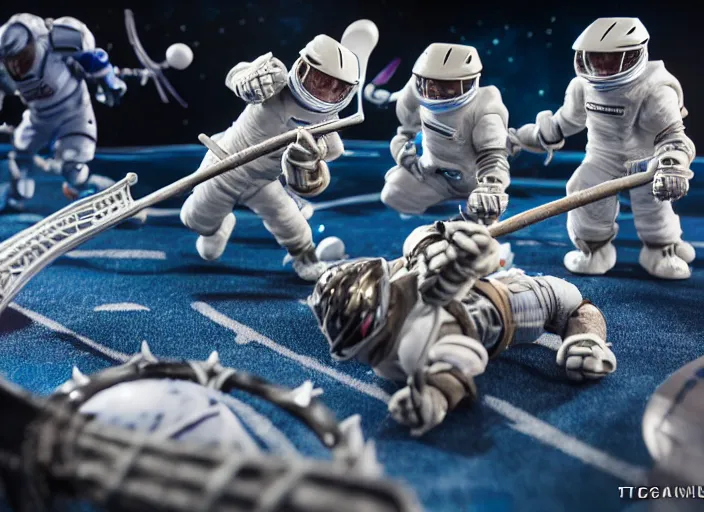 Image similar to lacrosse team, playing intergalactic championship, in space, versus chitauri, highly detailed, 8k, intricate, sony a7r iv 55mm, award winning.