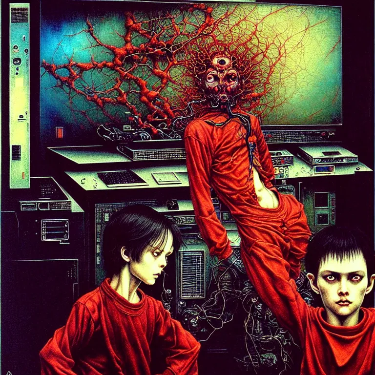 Image similar to a figure of a boy in front of a pc computer monitor in an old soviet apartment by ayami kojima, amano, karol bak, neo - gothic, gothic, rich deep colors. beksinski painting, from a movie by david cronenberg. art by takato yamamoto. masterpiece. realistic detailed image