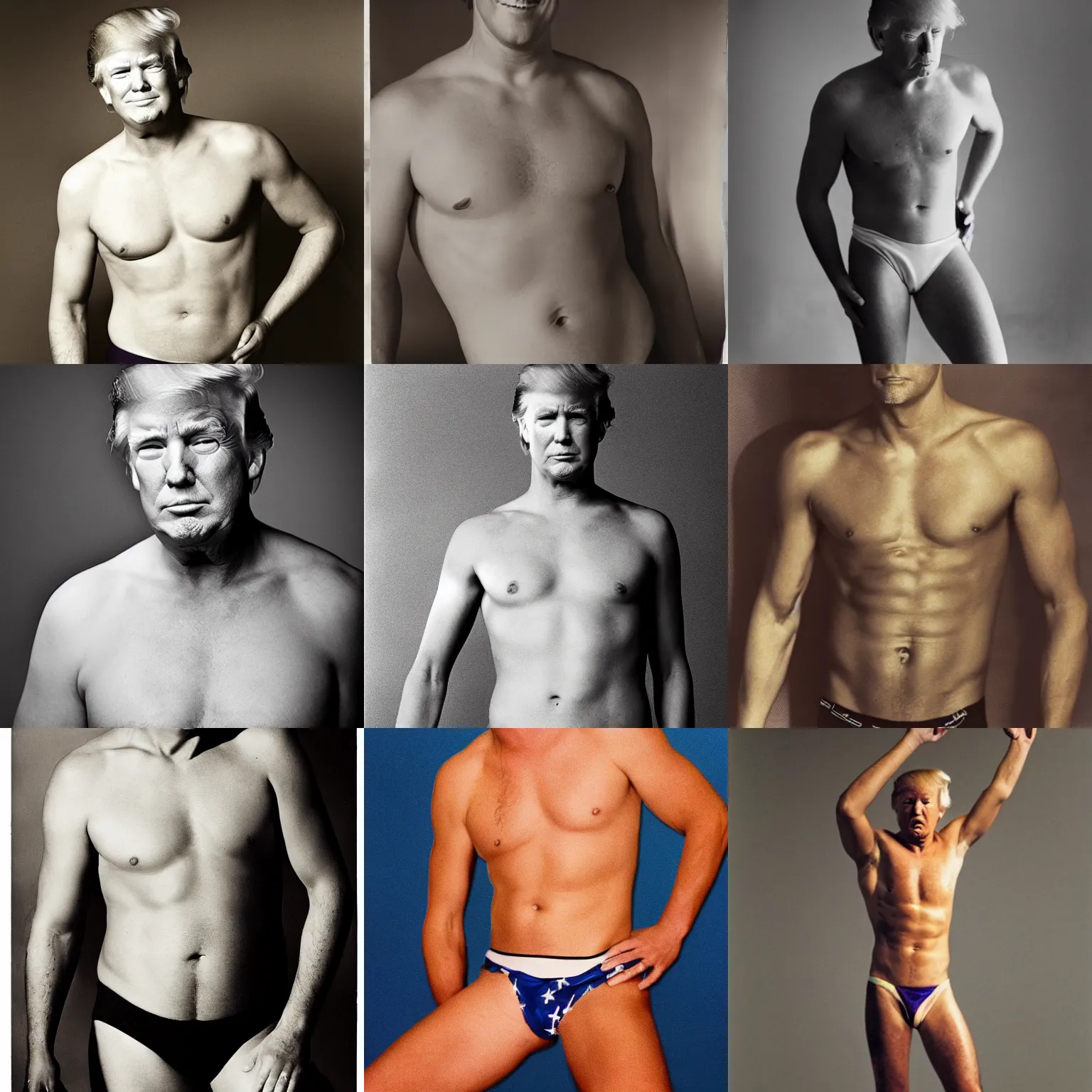 Prompt: Photo of Donald Trump in swimsuit, soft studio lighting, photo taken by Anne Liebovitz for Abercrombie and Fitch, award-winning photograph, 24mm f/1.4