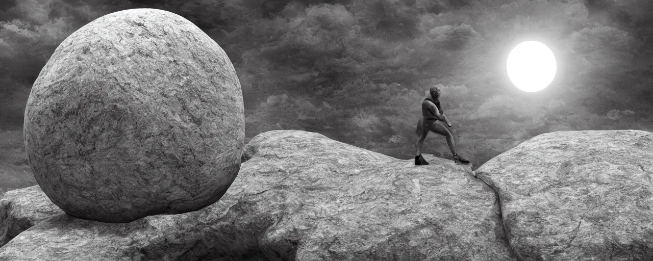 Prompt: Sisyphus pushing a large stone up a mountain, the stone is round, the stone is rolling up, sisyphus looks tired, the mountain is steep, melancholic mood, photo realistic, 8k, HDR, ultra detailed, trending on artstation