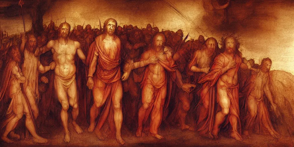 Prompt: Jesus Christ, walking through hell, to destroy Satan's kingdom, a fantasy digital Painting, by Leonardo da Vinci