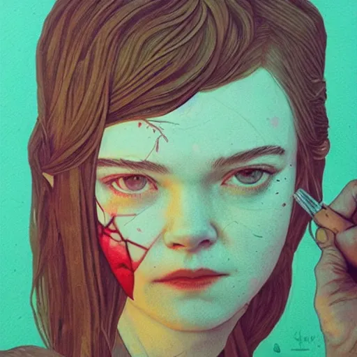 Prompt: Elle Fanning in The Last of Us picture by Sachin Teng, asymmetrical, bioluminescent cordyceps, dark vibes, Realistic Painting , Organic painting, Matte Painting, geometric shapes, hard edges, graffiti, street art:2 by Sachin Teng:4