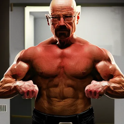 Image similar to walter white as an aggressive muscular bodybuilder, dynamic lighting, photorealistic concept art, trending on artstation, stunning visuals, creative, cinematic, ultra detailed