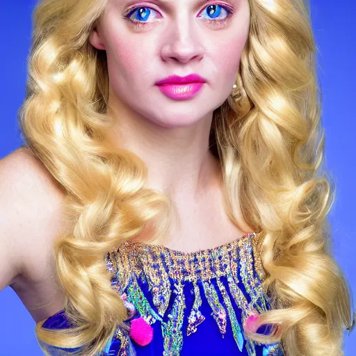 Prompt: close up headshot of a princess with long blonde hair and blue eyes wearing a strapless elaborately beaded pink dress, high resolution film still, 8k, HDR color, film by Simon Langton and David Frankel, triangular face