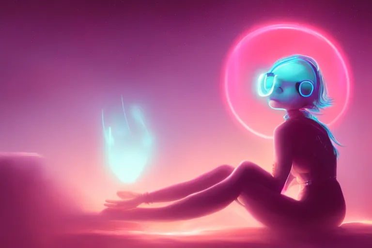 Image similar to a cute alien girl sitting on a cloud relaxing, misty, glows, digital painting, hazy, foggy, red lighting, ambient lighting, 8 k, neon, synthwave, cyberpunk,
