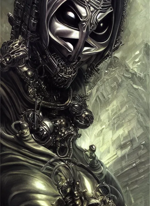 Image similar to cyber raccoon mf doom reptile eyes, black metal fur, intricate, elegant, highly detailed, centered, digital painting, artstation, concept art, smooth, sharp focus, illustration, artgerm, tomasz alen kopera, peter mohrbacher, donato giancola, joseph christian leyendecker, wlop, frank frazetta