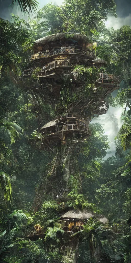 Prompt: ultra realistic and intricate detailed giant tropical tech treehouse on the middle of the tropical paradise, night, high technology, innovation, Dark evil style, artstation, unreal render, depth of field, ambient lighting, award winning, stunning