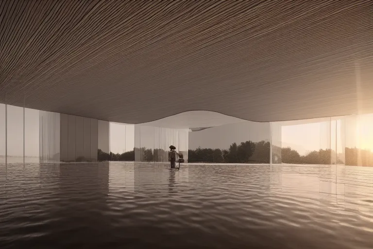 Image similar to a life building formed by the intersection and combination of many white spheres and egg shaped spaces ， by pierre bernard, on the calm lake, people's perspective, future, interior wood, dusk, unreal engine highly rendered, global illumination, radial light, internal environment