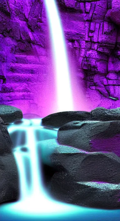 Image similar to purple planet with waterfall pixel artwork, digital art, award winning