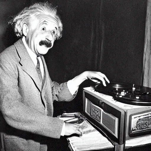 Image similar to photo of Albert Einstein DJing a phonograph, vintage, highly detailed facial features