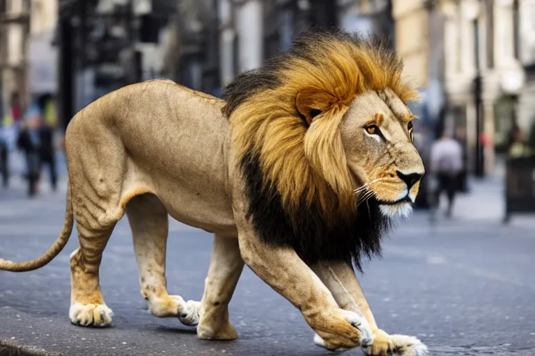 Prompt: Photo of a lion walking through the empty streets of london, highly detailed, award winning, Canon 100-400mm f/4.5-5.6 II,