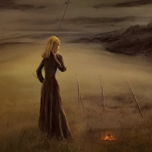Prompt: Elle Fanning in the painted world of Dark Souls, head and shoulders masterpiece, apocalypse, golden hour, cosmic horror, artstation, in the style of Andrew Wyeth and Edward Hopper and Bosch, extremely detailed
