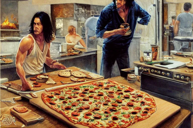 Image similar to a highly detailed nick cave baking pizza, full body, wide angle, an ultrafine detailed painting by p. craig russell and barry windsor - smith, trending on deviantart, octane, masterpiece