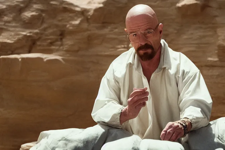 Prompt: cinematic still of Walter White in Aladdin (1992), XF IQ4, f/1.4, ISO 200, 1/160s, 8K, RAW, dramatic lighting, symmetrical balance, in-frame