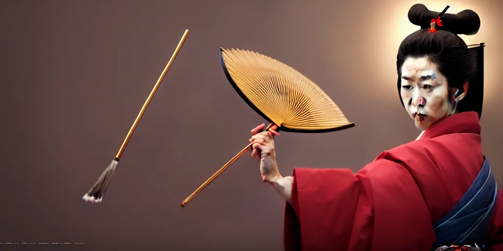 Prompt: painting of japanese geisha wielding a fan, immaculate scale, hyper-realistic, Unreal Engine, Octane Render, digital art, trending on Artstation, 8k, detailed, atmospheric, immaculate