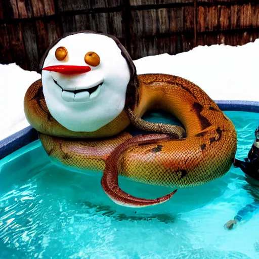 Image similar to cinematic photo of a taxidermized fat snake held by a smiling taxidermized snowman in a hot tub
