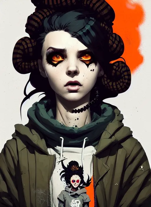 Image similar to highly detailed portrait of a sewer punk lady, tartan hoody, ringlet hair by atey ghailan, by greg rutkowski, by greg tocchini, by james gilleard, by joe fenton, by kaethe butcher, gradient orange, black, cream and white color scheme, grunge aesthetic!!! ( ( graffiti tag wall background ) )