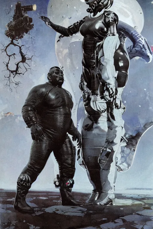 Image similar to full body portrait of fat dorian yates as demon chief standing beside elegant space woman in latex spacesuit, by norman rockwell, jack kirby, jon berkey, earle bergey, craig mullins, ruan jia, jeremy mann, tom lovell, marvel, astounding stories, 5 0 s pulp illustration, scifi, fantasy, artstation creature concept