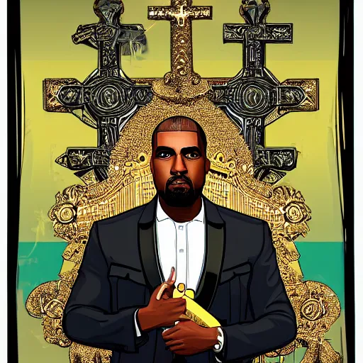 Image similar to illustration gta 5 artwork of holy saint kanye west, golden cross, in the style of gta 5 loading screen, by stephen bliss