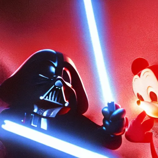 Image similar to film still of mickey mouse killing darth vader in the new star wars movie, 4 k