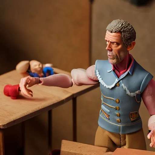 Image similar to product photography of a plasticine action figure hugh laurie on a workbench, depth of field, zeiss lens, detailed, centered, by erwin olaf, joop geesink, wes anderson, breathtaking, 8 k resolution, extremely detailed, beautiful, establishing shot, realistic materials, hyperrealistic