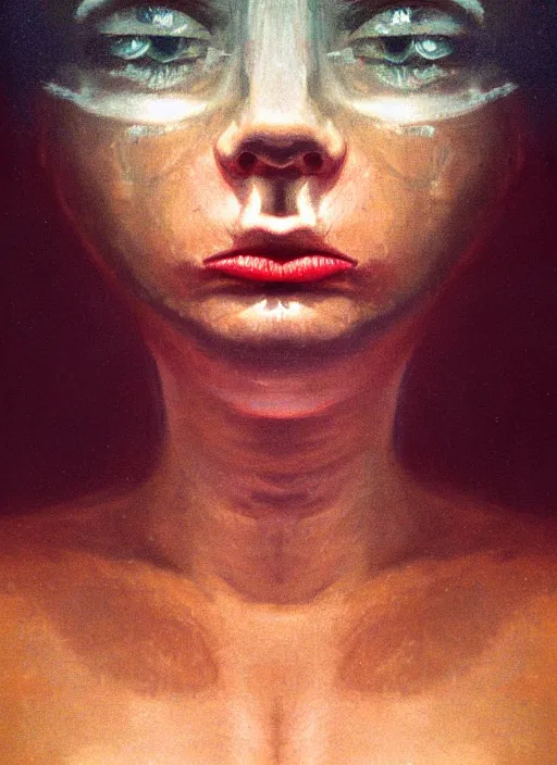 Image similar to beautiful extreme closeup portrait of a woman fully submerged ecxept of the top of his head, horrified look in his eyes, water reflection, sigma 85mm, highly detailed, soft lighting, elegant,sigma 85mm, Edward Hopper and James Gilleard, Zdzislaw Beksinski, Steven Outram, highly detailed