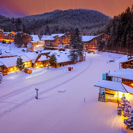 Image similar to cozy winter night at a ski resort, tilt - shift photography, highly detailed snow, low light, illuminated by street lights