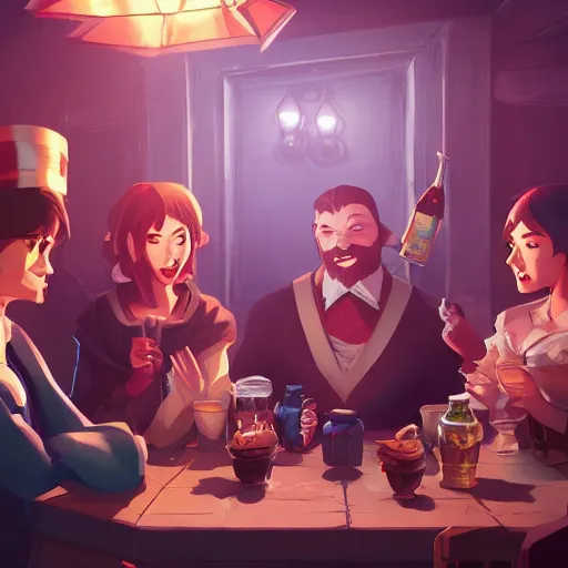 Image similar to a party of d & d characters drinking in a tavern, ambient lighting, 4 k, lois van baarle, ilya kuvshinov, rossdraws, erol otus, artstation