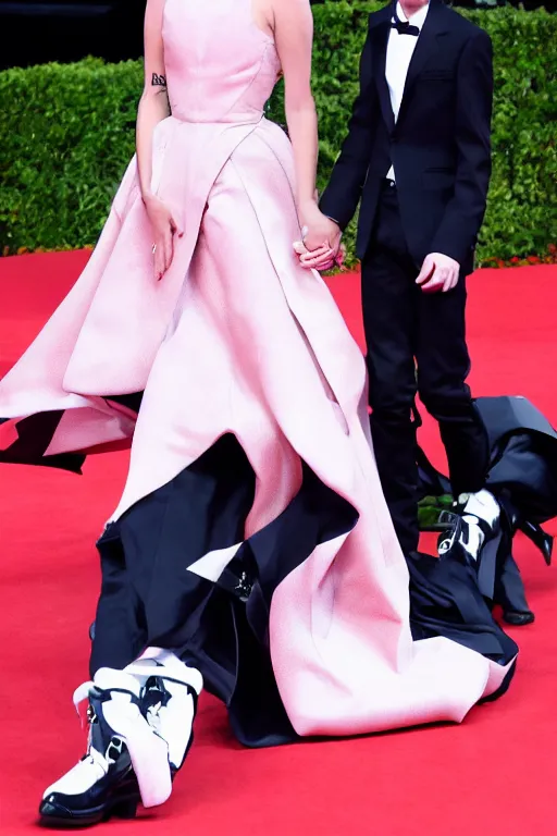 Prompt: timothee chalamet and lady gaga holding hands on the red carpet, beautiful detailed faces, high resolution, 4 k 8 k