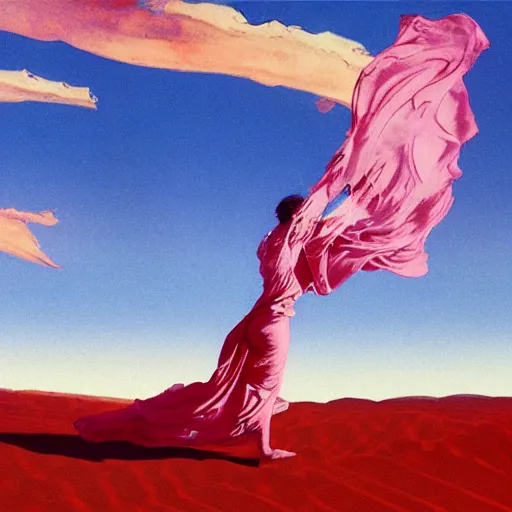 Image similar to Silk sheet desert ecstasy Bedouin under crimson azure diamond sky, in the style of Frank Frazetta, Jeff Easley, Caravaggio, extremely clear and coherent, clear lines, 8K revolution