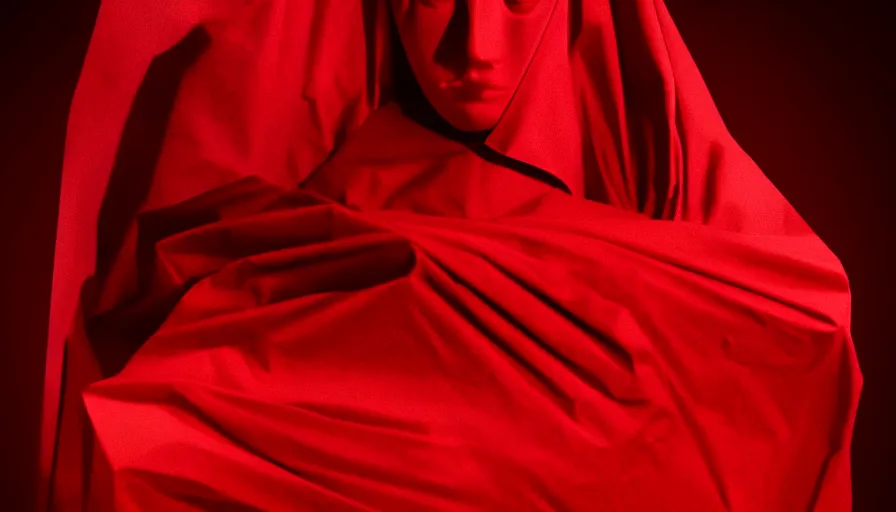 Image similar to enigmatic figure wrapped in red sheet in darkness, high contrast, hard light, digital art, rendering, cloth simulation, redshift