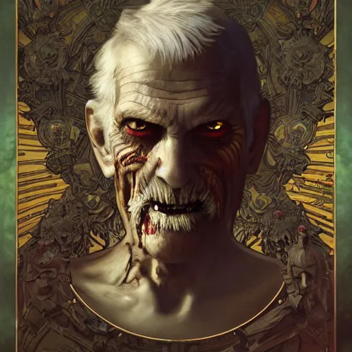 Image similar to elderly zombie man staring into an infinite mirror, intricate, art by artgerm and greg rutkowski and alphonse mucha and william - adolphe bouguereau, high detailed, 4 k,