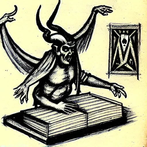 Image similar to a devilish spirits emerging from a book ontop of a computer, renaissance era sketch, satanic, ritual