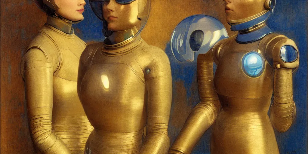 Image similar to portrait of a beautiful chrome female robot wearing a space helmet, reflections, mirroring, warm azure tones, heavy lensflare, color bleed, film grain, depth of field, jules bastien - lepage, rudolph belarski, johfra bosschart, alexandre cabanel