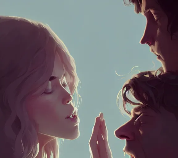 Prompt: portrait of harry kissing hermione by atey ghailan, by greg rutkowski, by greg tocchini, by james gilleard, by joe fenton, by kaethe butcher, dynamic lighting, gradient light blue, brown, blonde cream and white color scheme, grunge aesthetic