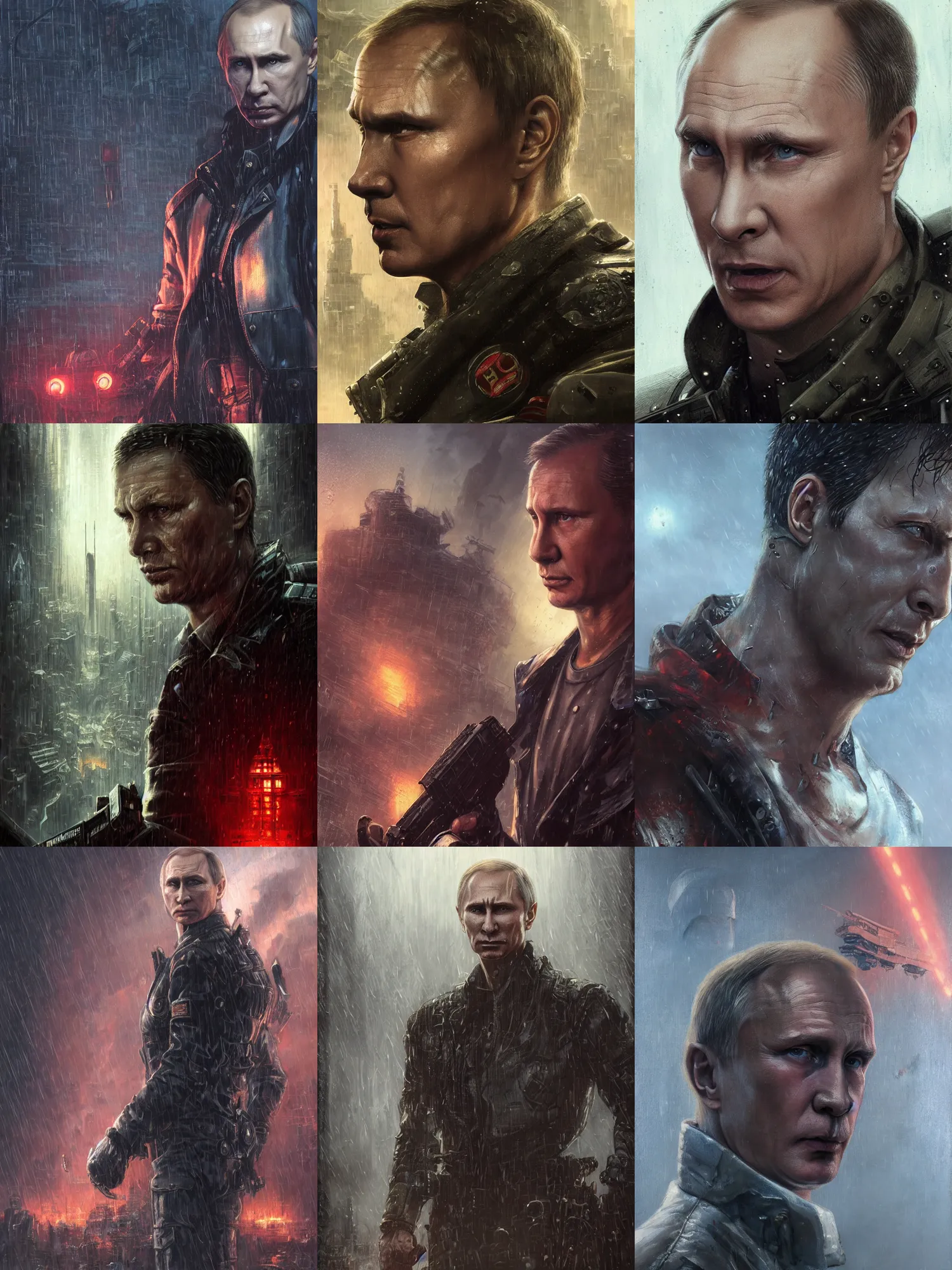 Prompt: portrait of Vladimir Putin from Resident Evil fighting in the wreckage city in the rain,by tom bagshaw,Cedric Peyravernay,James Paick,Ted Nasmith, peter gric,Hugh Ferriss,trending on artstation,8k,Blade Runner 2049,ultra realistic,high detail,golden ratio,cinematic lighting,maximalist