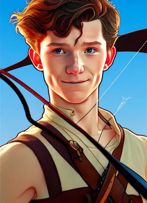 Image similar to cute archer tom holland, natural lighting, path traced, highly detailed, high quality, digital painting, by don bluth and ross tran and studio ghibli and alphonse mucha, artgerm