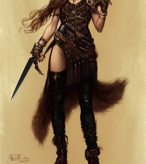 Image similar to portrait of teenage athena holding a dagger, stern expression, long ivory hair, wearing clothing of leather and fur, fringe, bone jewelry, intricate, elegant, leather jewelry, glowing lights, highly detailed, digital painting, artstation, concept art, smooth, sharp focus, illustration, art by wlop, mucha, artgerm, and greg rutkowski