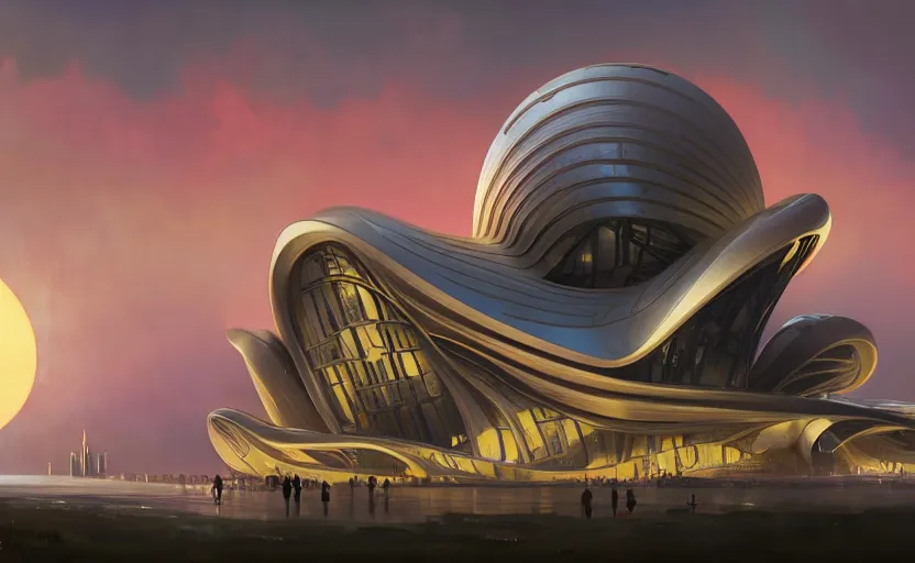 Image similar to exterior shot of utopian architecture building with cinematic lighting by zaha hadid and renzo piano, darek zabrocki and greg ruthkowski, alphonse mucha, simon stalenhag, cinematic, stars, beautiful, holy place, paradise, scifi, futurism, atmospheric, sunset, concept art, artstation, trending on artstation