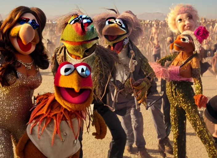 Image similar to The Muppets partying at Burning Man, cinematic