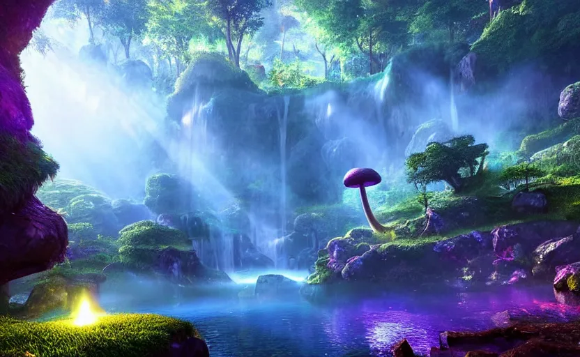 Image similar to a beautiful and stunning professional digital artwork of a humongous glowing mushroom cave, haze, waterfall, volumetric lighting, hyperrealistic, green, blue, sunset, unreal engine 5, ultra detail