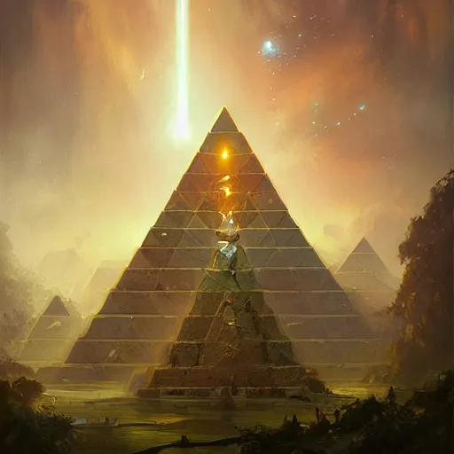 Prompt: ultradetailed pyramid structure emitting an energy beam into the atmosphere by peter mohrbacher and emmanuel shiu and martin johnson heade and bastien lecouffe - deharme