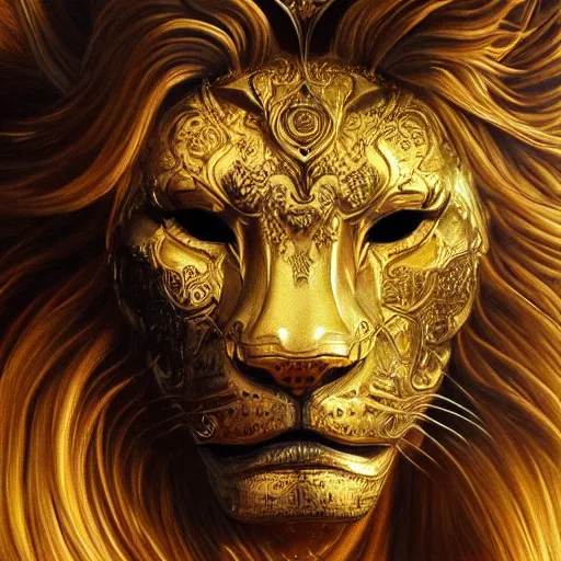 Image similar to Very very very very highly detailed epic photo of face with lion venetian mask, intricate, dystopian, sci-fi, extremely detailed, digital painting, artstation, concept art, smooth, sharp focus, illustration, intimidating lighting, incredible art by Artgerm and Vincent di Fate