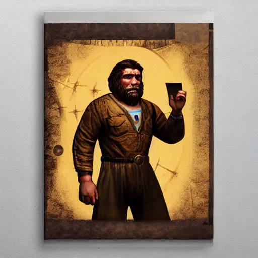 Prompt: saint homo neanderthalis portrait poster with book of science on his right hand, gta chinatown wars art style, bioshock infinite art style, hyperrealistic, two colors, paper border, 4 k, remove duplicate content, justify contents center.