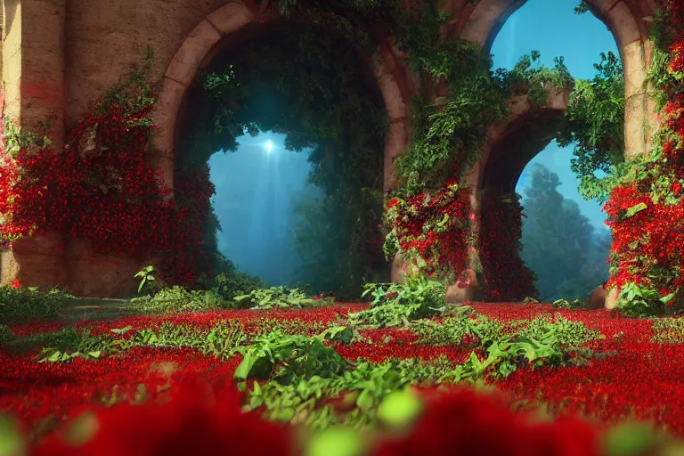 Prompt: broken arches leading to the pillars of eternity draped with red flowers and vines, blue sky, lens flare, a sense of mystery, cinematic, ultra detailed, intricate, sharp focus, trending on artstation, film still by Pixar, 8K