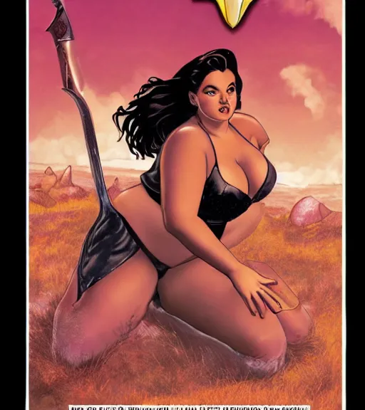 Image similar to 1 9 8 0 s fantasy novel book cover, bbw plus size amazonian ariel winter in extremely tight bikini armor wielding a cartoonishly large sword, exaggerated body features, dark and smoky background, low quality print
