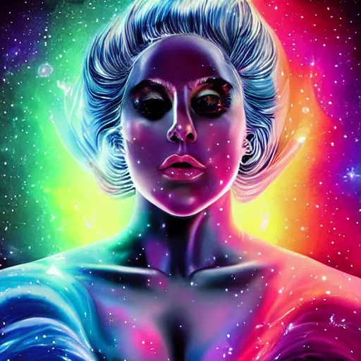 Prompt: lady gaga, lady gaga, lady gaga, galaxies and nebula flowing out of his body, artgerm, psychedelic floral planets