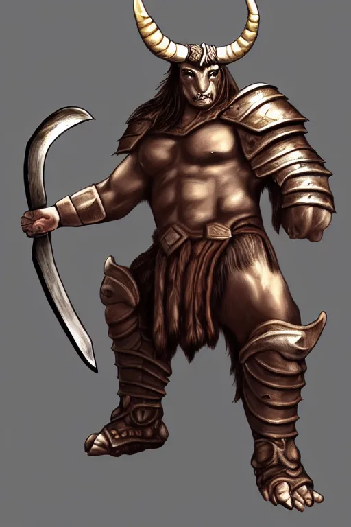 Prompt: Giant horned minotaur warrior wielding a sword and shield, leather armor, full body, muscular, dungeons and dragons, high details, digital painting
