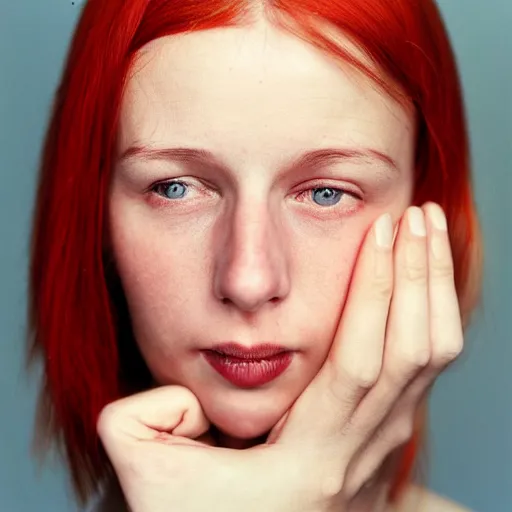 Prompt: face portrait, white woman, 22 years old, thin, center parting straight red hair, snub nose, small lips, studio photography by Annie Leibovitz, f/8